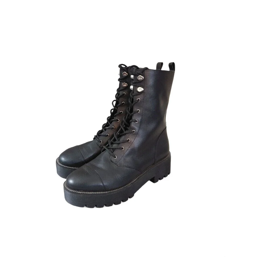 Michael Kors Black Tall Combat Boots Lug Sole Leather Lace Up Boots Women's Sz 6
